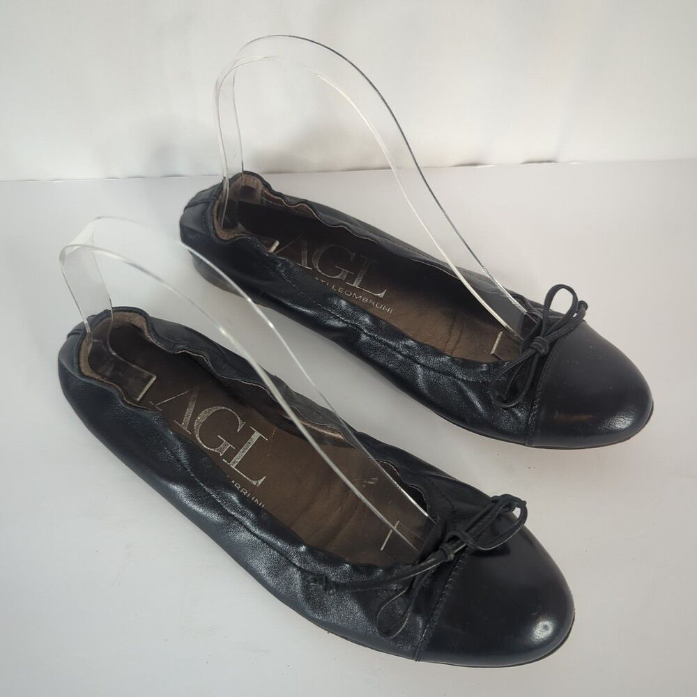 AGL Black Leather Ballet Flat Cap Toe Women Size 37.5 US 7 Bow Elastic Italy - Picture 3 of 10